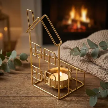 Svícen Kovový svícen na čajové svíčky ALTOM DESIGN DOMEK 13 cm zlatý