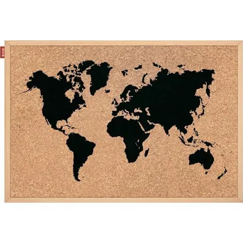 Obraz Korková nástěnka MEMOBE, potisk MAPA SVĚTA v černé barvě, dřevěný rám