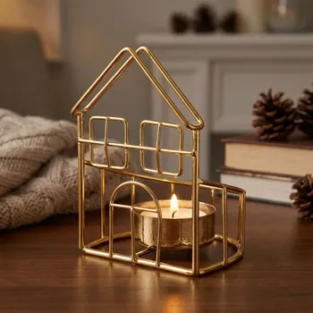Svícen Kovový svícen na čajové svíčky ALTOM DESIGN DOMEK 10 cm zlatý