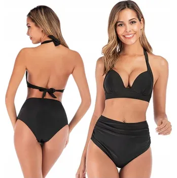 Dámské plavky BIKINY KOMPLET ČERNÉ PLAVKY S VYSOKÝM PASEM VYSTUŽENÉ ZAVAZOVACÍ L
