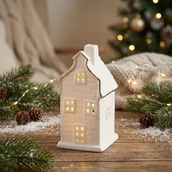 Svícen Keramický svícen LED domek se zlatou linkou ALTOM DESIGN 12 cm bílý