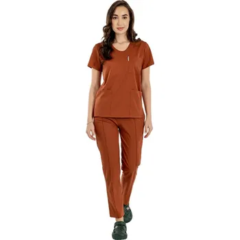 Zdravotnický oděv Karamelový strečový lékařský oblek s halenkou do v, stahovací šňůrkou a elastickými kalhotami