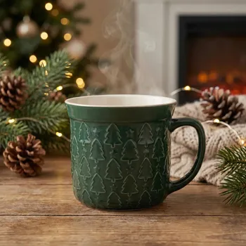 Porcelánový vánoční hrnek s reliéfem ALTOM DESIGN CHOINKI 640 ml zelený