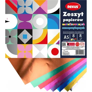 Sešit Vystřihovánka sešit a5 barevný papír samolepicí 8 listů METALIZOVANÝ REXUS