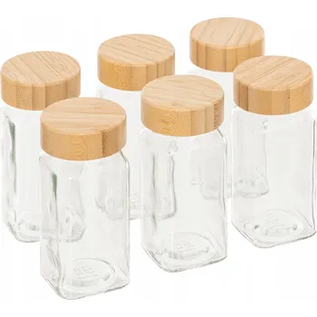 Dóza na potraviny SADA SKLENĚNÝCH NÁDOB NA KOŘENÍ 6 X 120 ML S BAMBUSOVÝMI VÍČKY