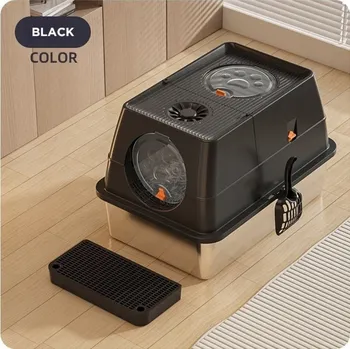 Toaleta pro kočku Uzavíratelná kočičí toaleta z nerezové oceli s podložkou, s lopatkou, 54 × 40 × 38 CM, Bez zápachu