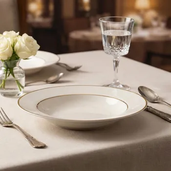 Talíř Hluboký porcelánový talíř MARIAPAULA KLASYKA NOVA ECRU ZLATÁ LINIE 23 cm krémový