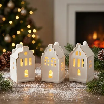 Svícen Porcelánové svícny domečky LED se zlatým okrajem ALTOM DESIGN bílé 3 ks