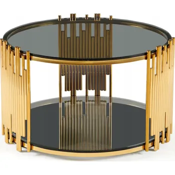 Konferenční stolek Skleněný Konferenční Stolek Kulatý 80 cm s Tvrzenou Deskoun a Zlatou Základnou Inox