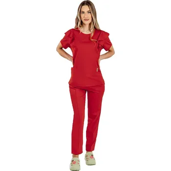 Zdravotnický oděv Strečový lékařský oblek cristina, červená barva, halenka s volánky a kalhoty se stahovací šňůrkou a gumou
