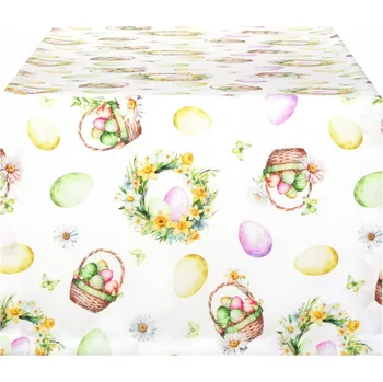 ubrus Velikonoční běhoun na stůl 40x140 cm - sváteční motiv vajíček, květin a košíku 9744