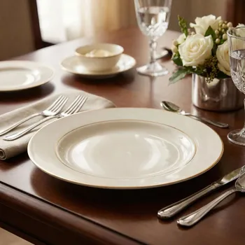 Talíř Porcelánový jídelní talíř MARIAPAULA KLASYKA / NOVA ECRU ZLATÁ LINIE 26 cm krémový