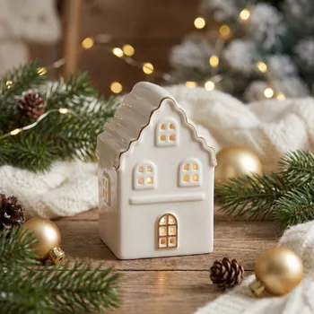 Svícen Porcelánový vánoční svícen na čajovou svíčku domek se zlatou linií ALTOM DESIGN 10,5 cm bílý