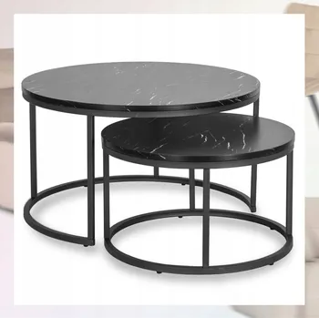 Konferenční stolek Sada Konferenční Stolek Kulatý 2v1 Lavice do Obývacího Pokoje Černý Mramor MAURO MAX
