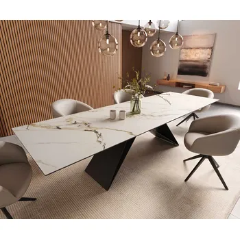 Jídelní stůl DELIFE Jídelní stůl Edge 300x100 keramika Calacatta Luxe bílá-zlatá-šedá podnož ve tvaru V plochá ocel černá