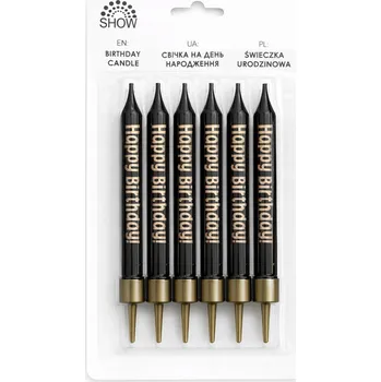 Dortová svíčka Narozeninové svíčky černé Happy Birthday – sada 6 ks