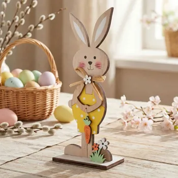 Velikonoční dekorace Velikonoční dřevěná ozdoba ALTOM DESIGN zajíc ve žlutých kalhotách 25,5 cm
