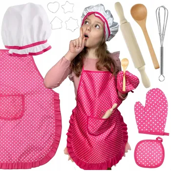 Kuchyňská zástěra DĚTSKÁ KUCHYŇSKÁ ZÁSTĚRA MASTERCHEF JUNIOR PŘÍSLUŠENSTVÍ ČEPICE VÁLEČEK