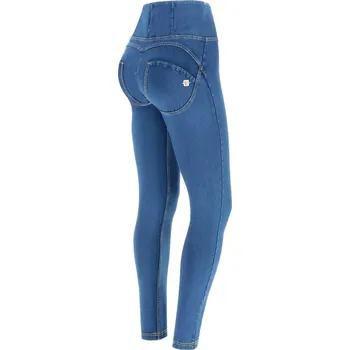 Dámské kalhoty Freddy kalhoty v džínové světle modré, žlutý šev, vysoký pas, skinny střih, denim žerzej Možnosti velikostí: XXS