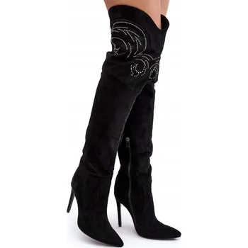 Dámské kozačky Dámské kozačky nad koleno z eko semiše, zdobené, na jehlovém podpatku, černé, velikost 38