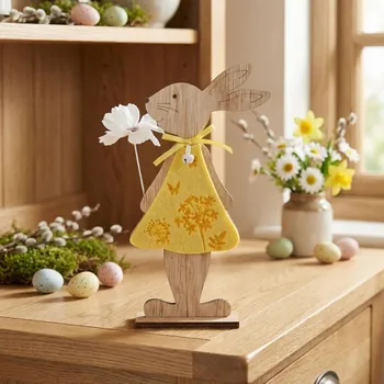 Velikonoční dekorace Velikonoční dřevěná ozdoba paní Zajíc s květinou ALTOM DESIGN 29 cm