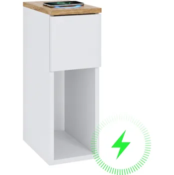 Noční stolek NOČNÍ STOLEK BÍLÁ 20X30X55 SE ZÁSUVKOU DUB TORRO INDUKČNÍ NABÍJEČKA 15W