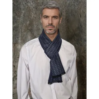 Šála Classic Scarf Pánská elegantní vlněná oboustranná šála v modré a šedé s geometrickým vzorem