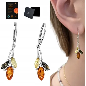 Náušnice Stříbrné náušnice s JANTAROVOU pryskyřicí, anglické zapínání, elegantní - VIDEO