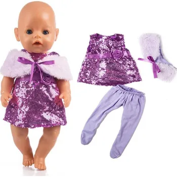 Doplněk pro panenku Třpytivé šaty, boa a punčošky pro panenky Baby Born / American Girl Motiv: Set, fialová