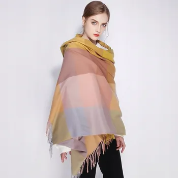 Šála Dámská kašmírová šála s vlnou, růžová šedá žlutá