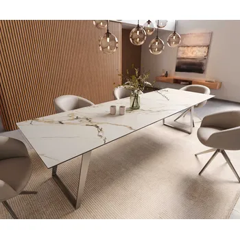 Jídelní stůl DELIFE Jídelní stůl Edge 300x100 keramika Calacatta Luxe bílá-zlatá-šedá nerezová ocel šikmý