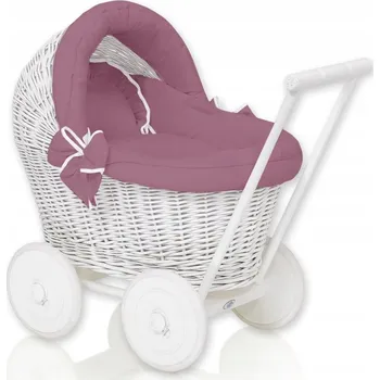 Kočárek pro panenku Proutěný kočárek pro panenky odrážedlo bílý s retro růžovým povlečením a polstrováním