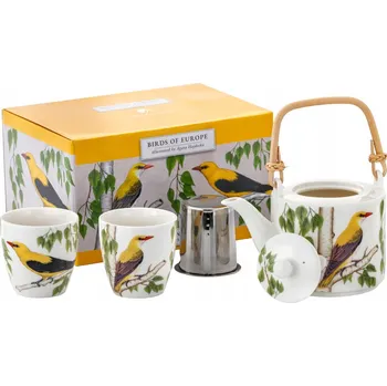Konvice na čaj Porcelánový džbán 600 ml sítko 2 šálky 150 ml vlhko Polské Ptáci