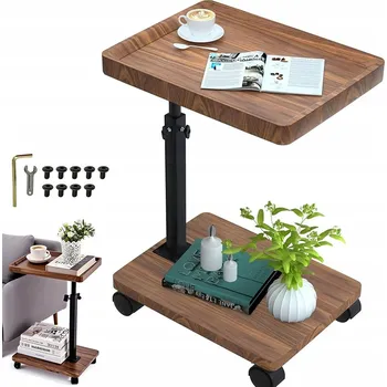 Konferenční stolek ODKLÁDACÍ STOLEK K POSTELI NA KOLEČKÁCH 40X30 CM C-SHAPE OŘECH, VÝŠKOVĚ NASTAVITELNÝ