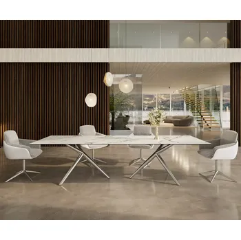 Jídelní stůl DELIFE Jídelní stůl Edge 300x100 keramika Calacatta Luxe bílá-zlatá-šedá Estelar kulatý nerezová ocel