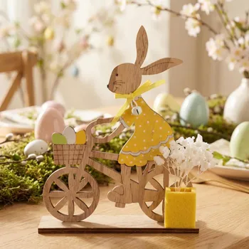 Velikonoční dekorace Velikonoční dřevěná ozdoba ALTOM DESIGN paní Zajíc na kole 17 cm žlutá