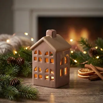 Svícen Porcelánový vánoční svícen domek LED ALTOM DESIGN 11 cm hnědý