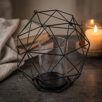 Svícen Kovový geometrický svícen se skleněnou vložkou ALTOM DESIGN 22 cm černý