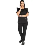 Strečový lékařský oblek cristina, černá barva, halenka s volánky a kalhoty se stahovací šňůrkou a gumou
