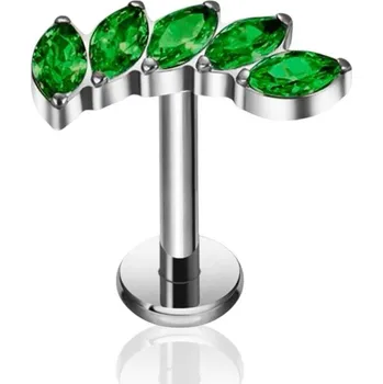 Náušnice STŘÍBRNÝ piercing labreta zelené zirkony markýzy TITAN HELIX 1.2/8