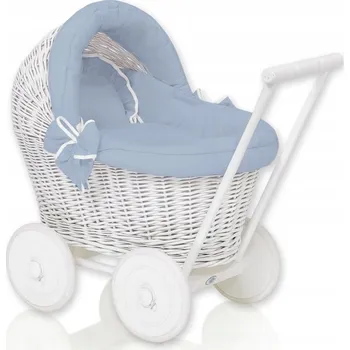 Kočárek pro panenku Proutěný kočárek pro panenky odrážedlo bílý s lůžkovinami špinavě modré