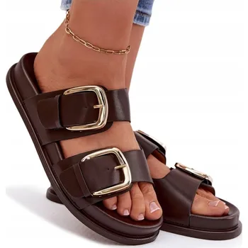 Dámské pantofle Dámské NAZOUVÁKY (pantofle) z eko kůže na platformě se zlatou sponou, čokoládové, velikost 39