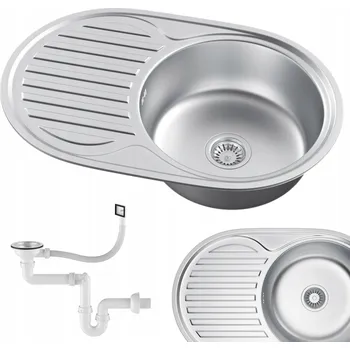 Nerezový dřez Nerezový dřez 77x50 cm oválný s odkapávačem jednokomorový stříbrný