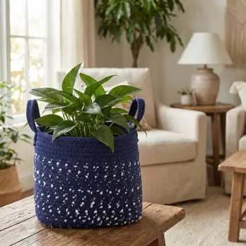 Nákupní košík Pletený košík ALTOM DESIGN BOHO 25 cm tmavě modrý s bílými puntíky