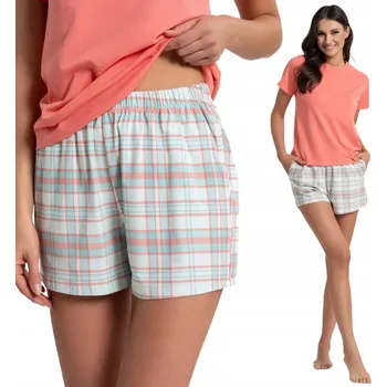 Dámské pyžamo BAVLNĚNÉ DÁMSKÉ PYŽAMO S KRÁTKÝM RUKÁVEM S KOSTKOVANÝM VZOREM MORAJ RŮŽOVÉ L