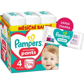 Přebalování Pampers Active Baby Pants vel. 4 - 176 ks (9-15 kg) + Při koupi Pampers Active Baby Pants dostanete vlhčené ubrousky Pampers Sensitive - 52 ks jako dárek.