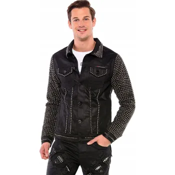 Moto bunda PÁNSKÁ DŽÍNOVÁ BUNDA KATANA CIPO BAXX ČERNÁ VOSKOVANÁ S CVOČKY A ŠATONOVÉ RŮŽE L