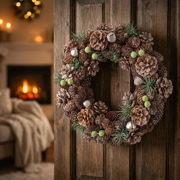 Vánoční dekorace Věnec vánoční s bílými šiškami a zvonky ALTOM DESIGN 30 cm