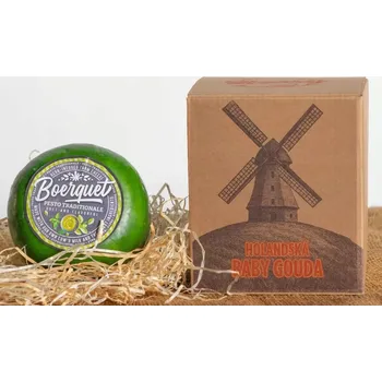 Dárková krabička Baby gouda se zeleným pestem 450g v Dárové krabičce (Holandská Baby gouda se zeleným pestem 450g originál v Dárkové krabičce)
