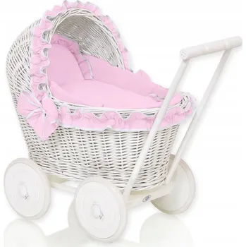 Kočárek pro panenku Proutěný kočárek pro panenky odrážedlo bílý s růžovým povlečením a výplní